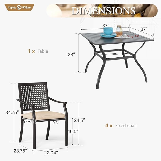 PHI VILLA Metal Patio Outdoor Table and Chairs 5 Piece Dining Set - 37" Square Bistro Table and 4 Backyard Garden Chairs, Table with 1.57" Umbrella Hole