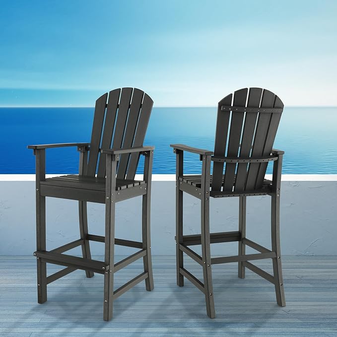 Giantex Outdoor HDPE Bar Stool, Tall Adirondack Chair with Armrests and Footrest, 30 Inches Counter Height Bar Stool for Garden, Backyard, Weather Resistance, Easy Maintenance (1, Black)