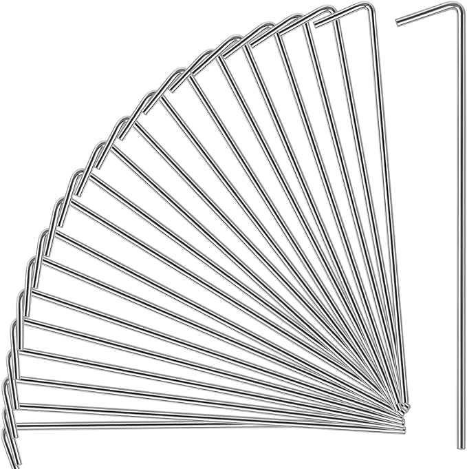 Oligei 23 Pack Tent Stakes, Heavy Duty Metal Tent Pegs, Hooked, Silver, Perfect for Camping, Gardening & Outdoor Decorations
