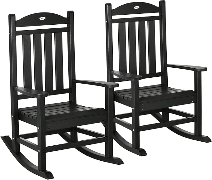 Outsunny 2 Pieces Outdoor Rocking Chair, All Weather-Resistant HDPE Rocking Patio Chairs with Rustic High Back, Armrests, Oversized Seat and Slatted Backrest, 350lbs Weight Capacity, Black