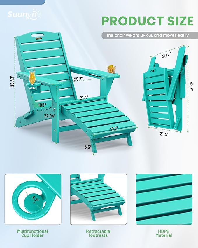 Folding Adirondack Chairs Set of 2,Adirondack Chair with Retractable Ottoman,Plastic Adirondack Chairs with 2 Cup Holder,Weather Resistant Patio Chair,Outdoor Chairs Set of 2(Lake Blue)