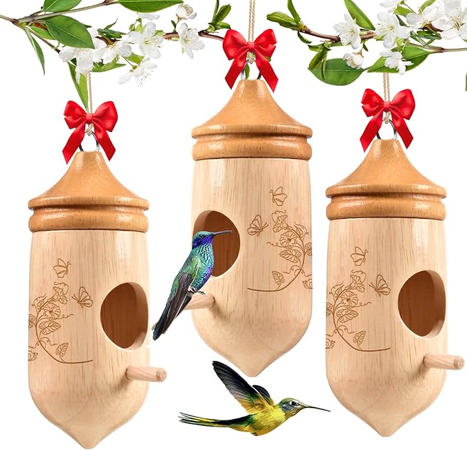 Hummingbird House, Solid Wood Hummingbird Houses for Outside-Exquisitely Handcrafted Birdhouse with Ribbon and String Hanging Kit, Durable Garden Decor, Perfect Gardening Gift (Style-D, 3 Pack)
