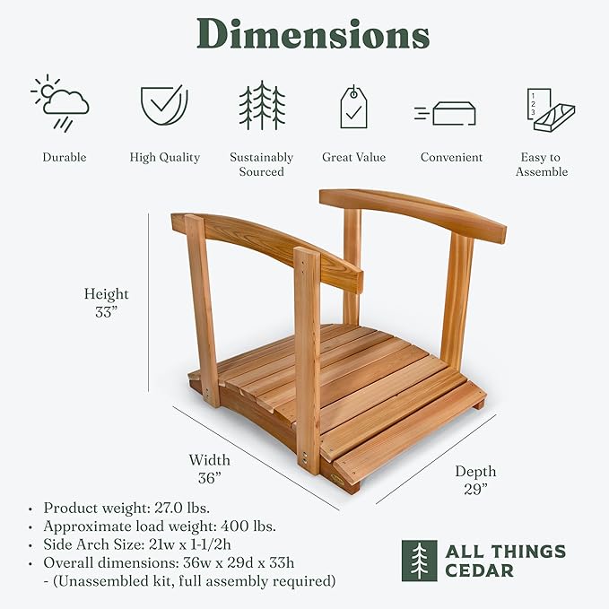 All Things Cedar Wooden Bridge, Outdoor Garden Walkway with Side Rails, 3', Natural