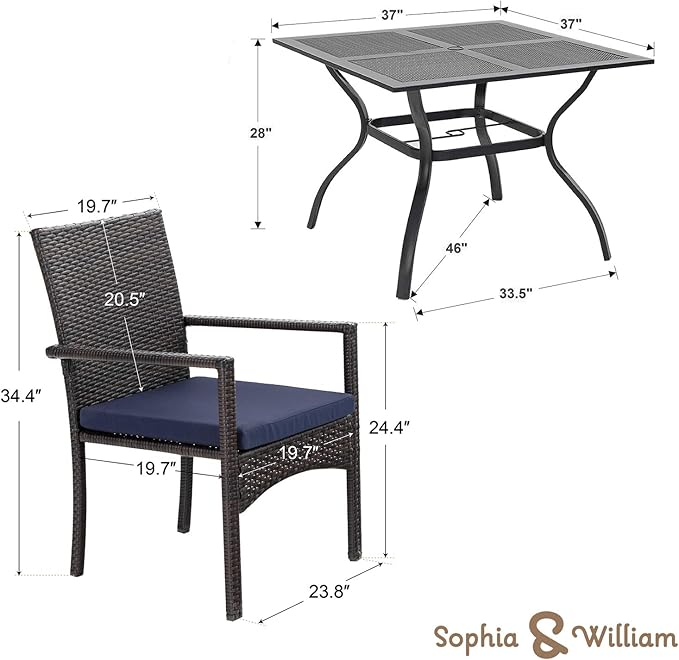 Sophia & William Outdoor Patio 5 Pieces Dining Set with 4 Brown PE Rattan Chairs and 1 Metal Table Square, Modern Outdoor Dining Furniture with Seat Cushions for Poolside, Porch, Patio, Balcony