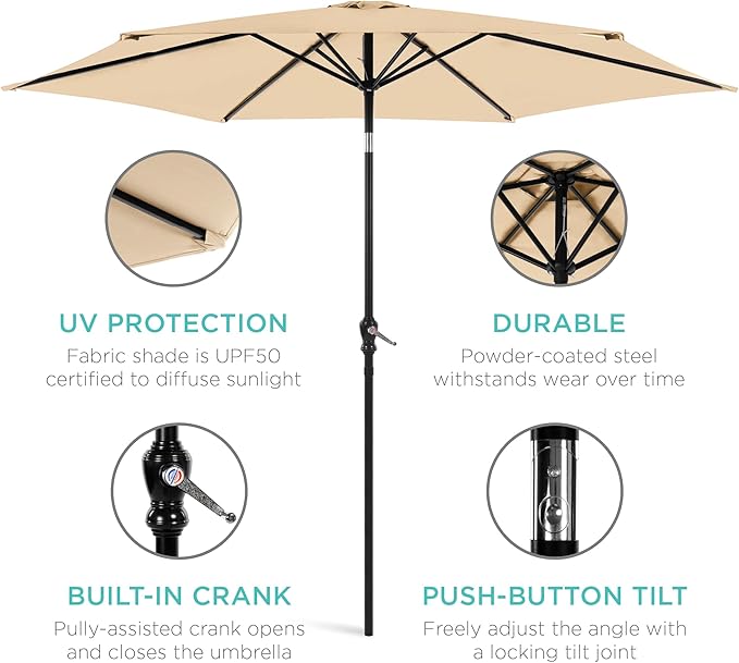 Best Choice Products 10ft Outdoor Steel Polyester Market Patio Umbrella w/Crank, Easy Push Button, Tilt, Table Compatible