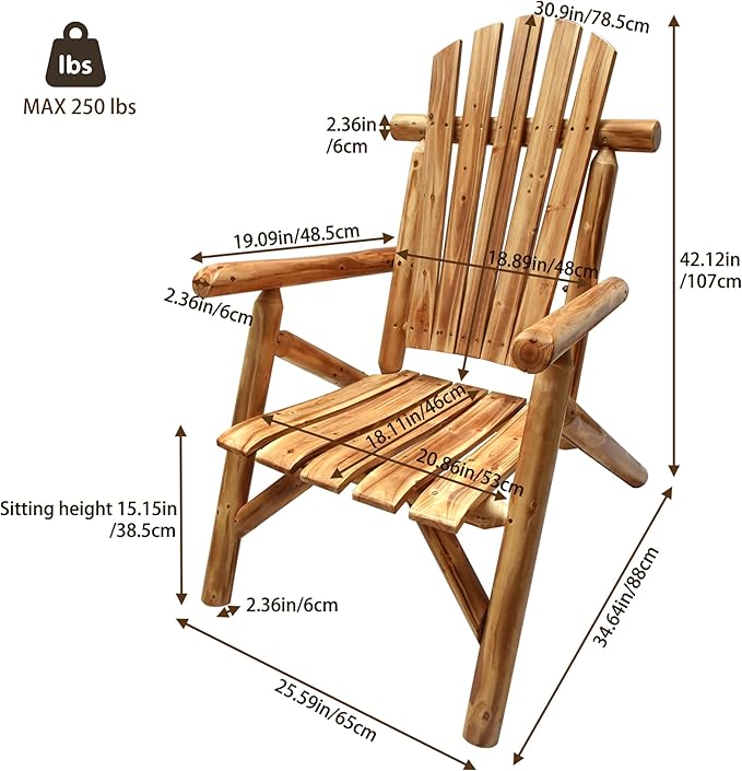 DJL Adirondack Wooden Chair Set of 2 Outdoor Patio Lounge Log Cabin Furniture Rustic Solid Wood Comfortable Seating for Porch, Balcony, Lawn, Fire Pit, Deck, Brown, 42.12 Inches Tall