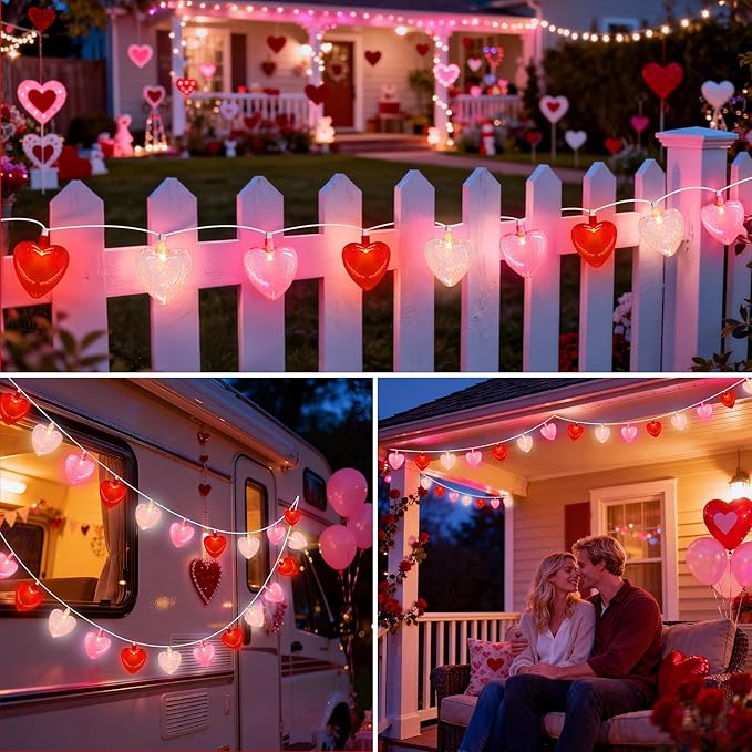 8.5Ft Valentine's Day Decorations Heart Lights String, Valentines Day Lights with 10 LED Red Pink White Heart-shaped with Glitter, Romantic Fairy Light for Valentine Proposal Anniversary Party Decor