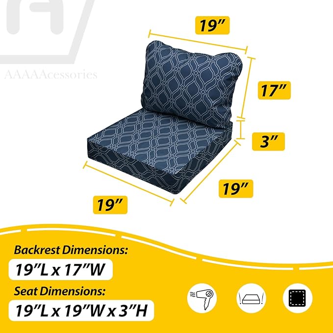AAAAAcessories Outdoor Seat Cushions for Chairs, Fade-Resistant, Waterproof Patio Furniture Replacement Cushions, 19" x 19" x 3" + 19" x 17", Slate Blue Vine Trellis