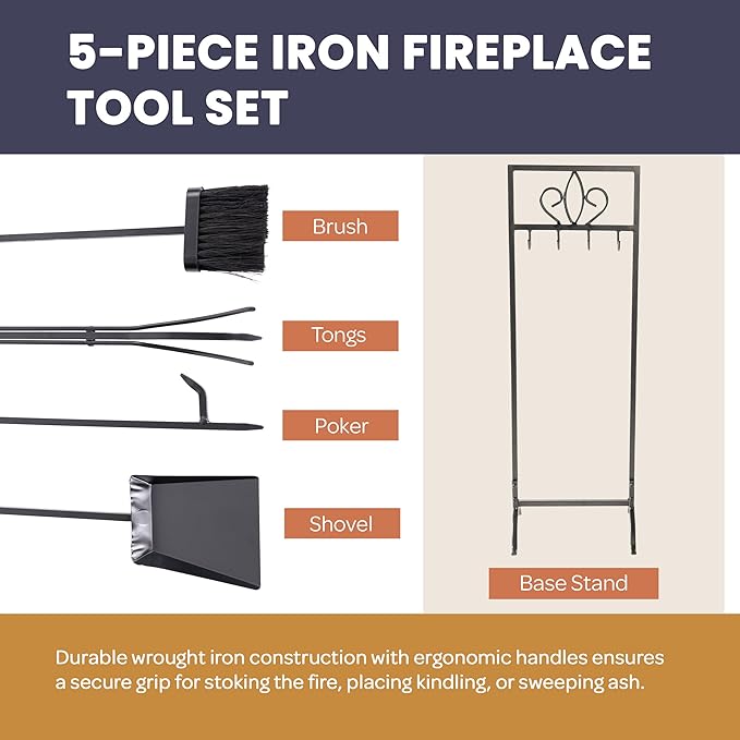 Lavish Home 5-Piece Fireplace Tools Set - Fire Tools for Fire Places, Fire Pits, and Woodstoves - Indoor/Outdoor Fireplace Accessories with Poker, Tongs, Brush, Shovel, and Stand (Black)