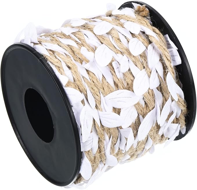 PATIKIL 33ft 5mm Burlap Leaf Ribbon, Braided Decoration Vine Natural Jute Rope Twine with Artificial Leaves for Jungle Wedding Party Home Garden Decor, White