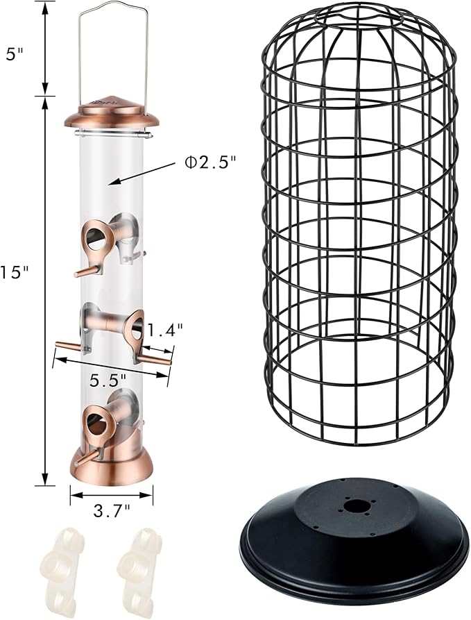 iBorn Bird Feeders Hanging - Squirrel Proof Bird Feeders for Outdoors, Pigeon Proof Caged Feeder, Heavy Duty All Metal Copper 14 Inch, Hanging Cage Feeder for Mix Seed Blends & Garden
