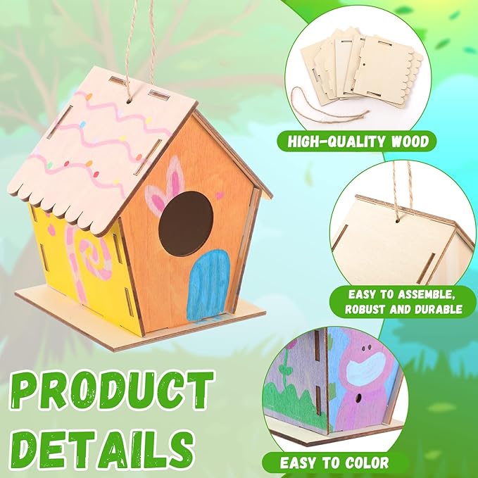 DoubleFill 24 Pack 4.33'' Wooden Bird House Craft Kit for Kids Spring DIY Birdhouse to Build and Paint Unfinished Hanging Birdhouse Bulk Spring Bird Feeder for Class Creative Valentines Crafts