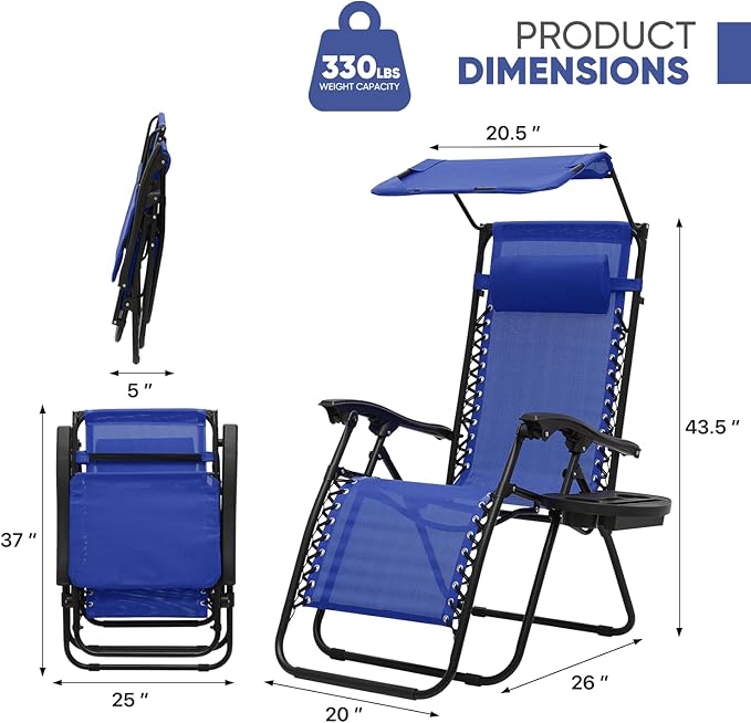 Magshion Zero Gravity Chair with Canopy Set of 2, Reclining Outdoor Patio Lounge Chair, Folding Anti Gravity Recliner, Portable Lounger with Removable Cup Holder Side Tray and Pillow Headrest (Blue)