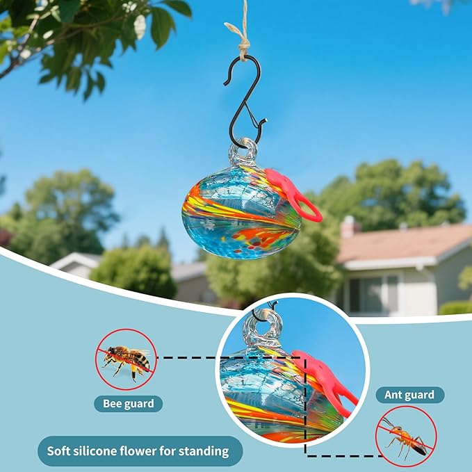 Small Hummingbird Feeders for Outdoors Hanging,Hand-Blown Glass Hummingbird Feeder with Silicone Feeding Perch,Never Leak,Gardening Gifts for Woman Man(Blue)