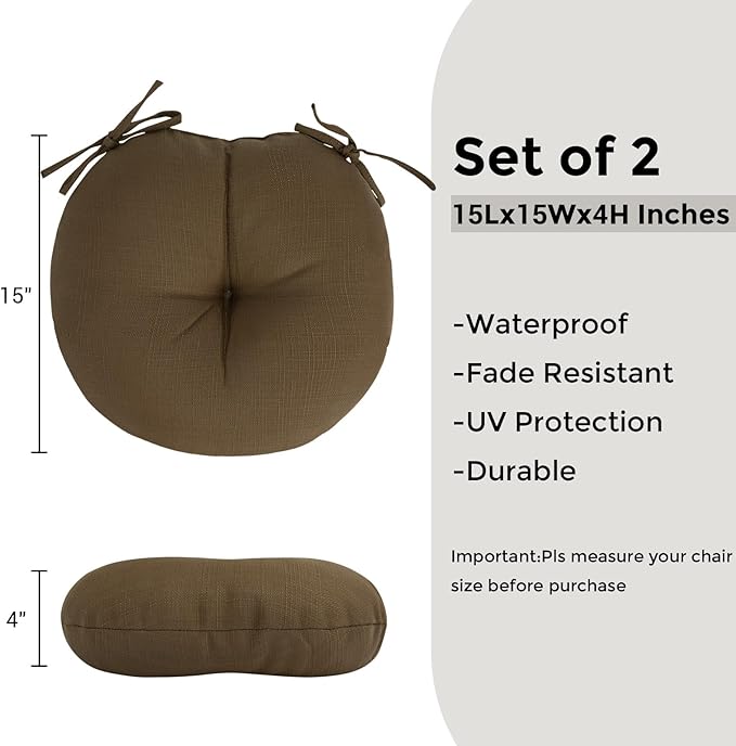 Bistro Chair Cushions 15 inch,Set of 2,Tufted Round Chair Cushions with Ties,15"x15"x4",Water Resistant Round Seat Cushion for Barstool Chairs,Patio Garden Kitchen Outdoor Furniture(Coffee Brown)