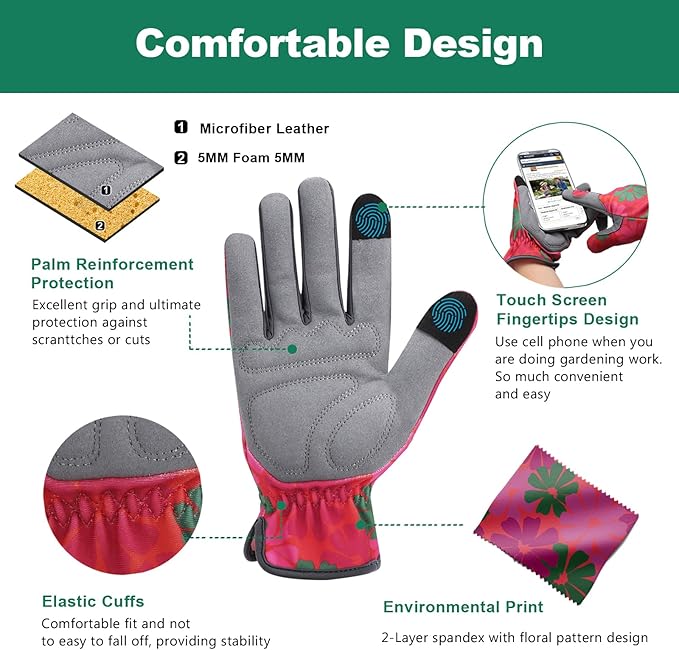 Gardening Gloves for Women, Flexible Breathable Garden Gloves, Leather Working Gloves for Weeding, Digging and Pruning (M-Daisy)