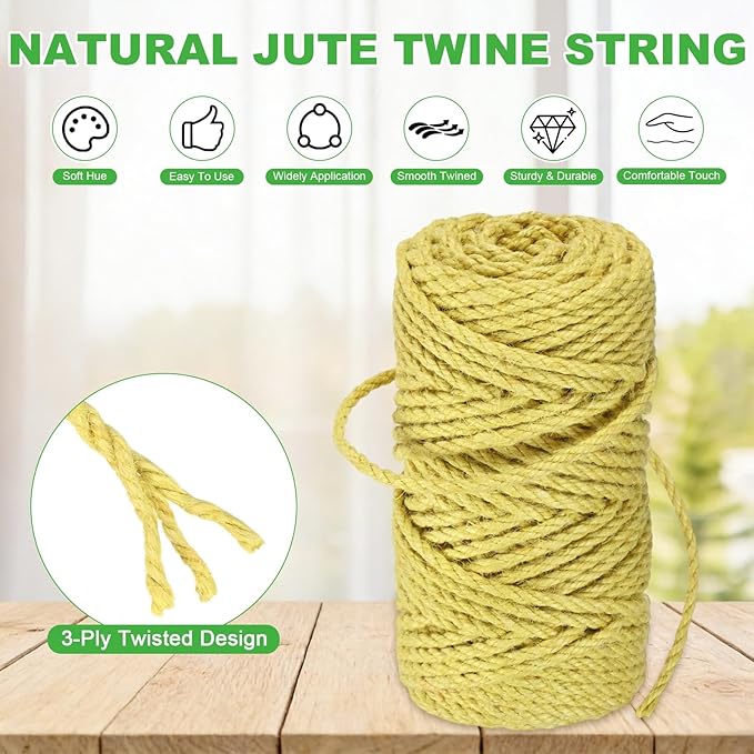 1-Pack Natural Jute Twine String, 4.5mm x 164ft/50m Long Garden Twine String for Crafts/Gift Wrapping/Gardening Plants, Durable Plant Ties Thick Rope [Yellow]
