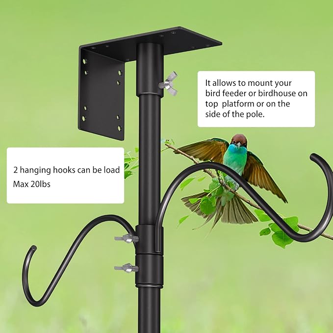 Bird House Pole Kit 80inch - Universal Metal Bird Feeders Pole Mount Set with 5-Prongs Base and 2 Hanging Arms, Feeding Station for Watching, Plant Hanger