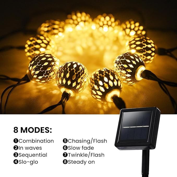 Solar String Lights Outdoor 20FT 30LED Globe String Lights with 8 Modes,Solar Fairy Lights Outdoor Waterproof Moroccan Fairy Lights Solar for Garden Patio Wedding Christmas Decor，Warm White