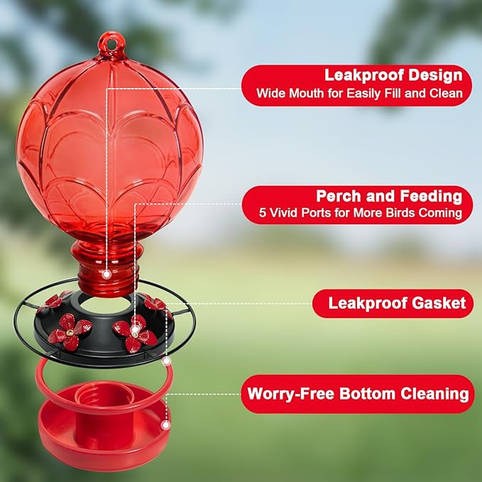 26 OZ Glass Hummingbird Feeder for Outdoors Hanging - Hand-Blown Hot Air Balloon Design - Leak-Proof & Ant Moat - Garden Decor Gift for Mom, Red