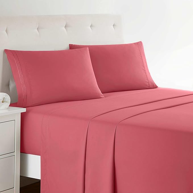 Clara Clark Bed Sheets, Premier 1800 Series 4 Piece Bed Sheet Set, Deep Pocket, Wrinkle, Fade, Stain Resistant, Luxury Soft Bedding Sheets & Pillowcases, King, Coral Pink