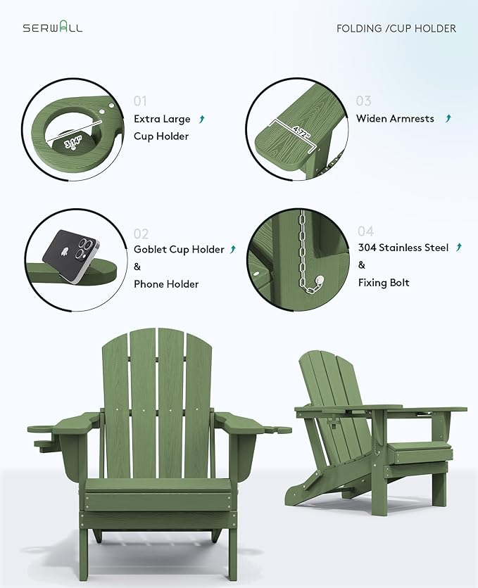 SERWALL Adirondack Chair with Cup Holders - Composite Adirondack Chairs Set of 6 HDPE Outdoor Chairs All Weather Use- Avocado