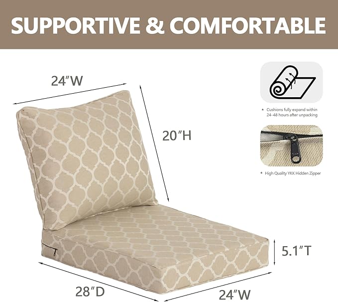 Goodgoods 24 x 28 Outdoor Patio Deep Seat Cushions 2-Pack, 1000+ Hours Fade-Resistant & Water-Resistant Outdoor Furniture Chair Cushions with 30D High-Resilience Foam for Sofa Chair, Toffee Trellis