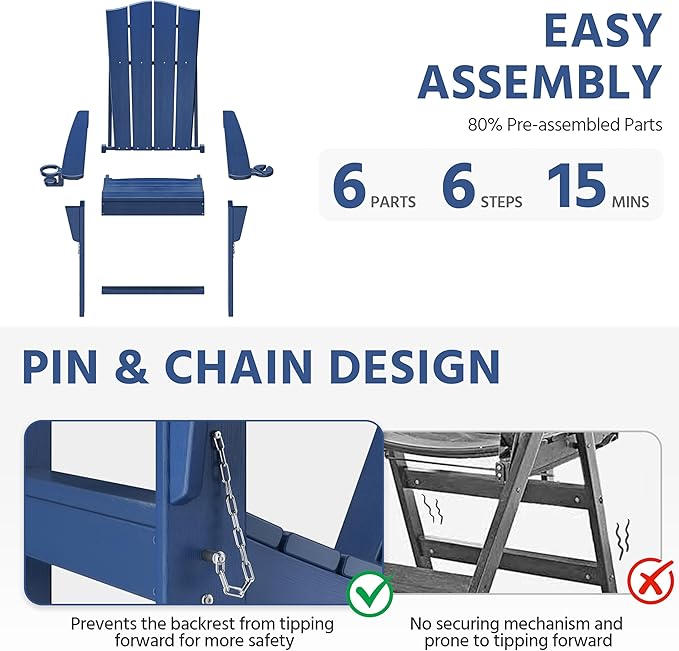 Yaheetech Folding Adirondack Chair Outdoor, HDPE Weather Resistant with Cup/Mobile Phone Holder for Deck, Patio, Pool, Backyard, 380lb Weight Capacity, Easy Assembly, Navy Blue