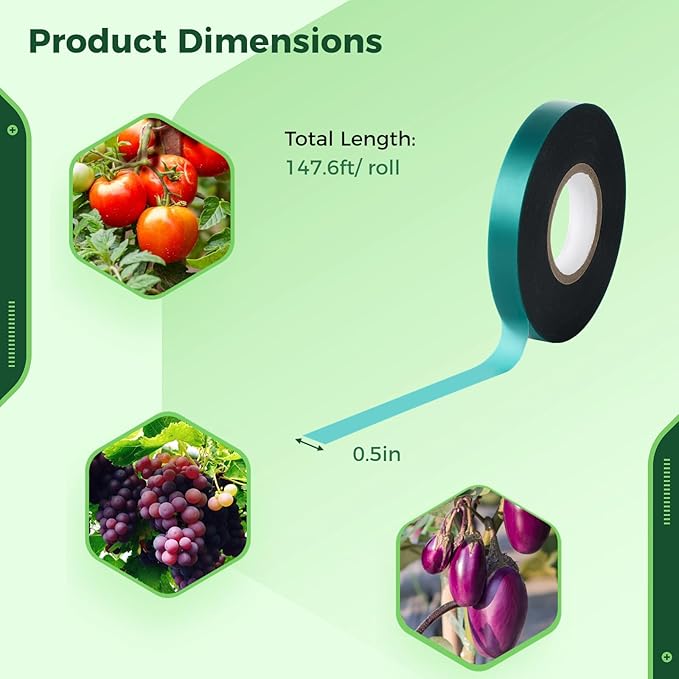 Homaisson 6 Rolls Stretch Tie Tape, 147.6 Feet 0.5 Inch Garden Tie Tape, Garden Vinyl Stake, Stretchy Soft Vinyl Tape for Indoor Outdoor Plants, Patios, Vegetable Fields, Orchards