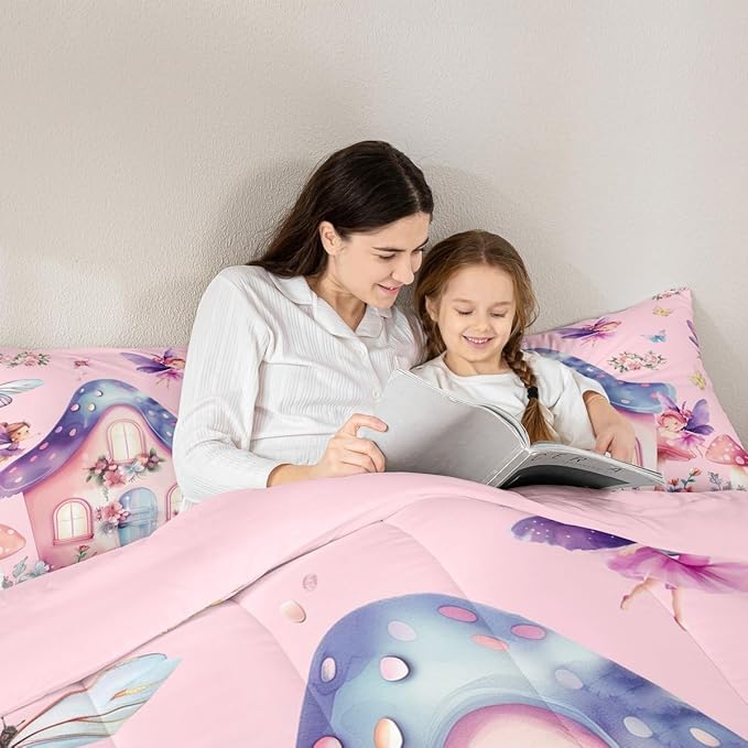 Erosebridal Fairy Garden Queen Comforter Set - Pink Fairy Butterfly Bedding Set for Girls Kids, Cute Pink Floral Quilt, Kawaii Mushroom Flower Bedroom Decor - 2 Pillowcases Breathable