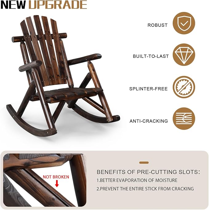 Outvita Wooden Rocking Chair, Fir Log Adirondack Rocker, Outdoor Wood Accent Furniture Lounge Chairs for Garden Patio Backyard Porch (Dark Brown)