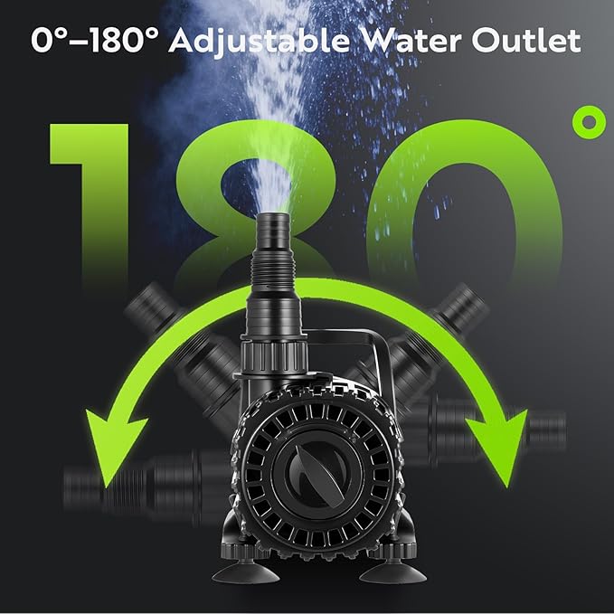 1800GPH Pond Pump with Adjustable Flow Control, 100W Submersible Waterfall & Fountain Pump, 0–180° Rotatable Outlet, Filter Bag, IPX8, UL Listed, Black