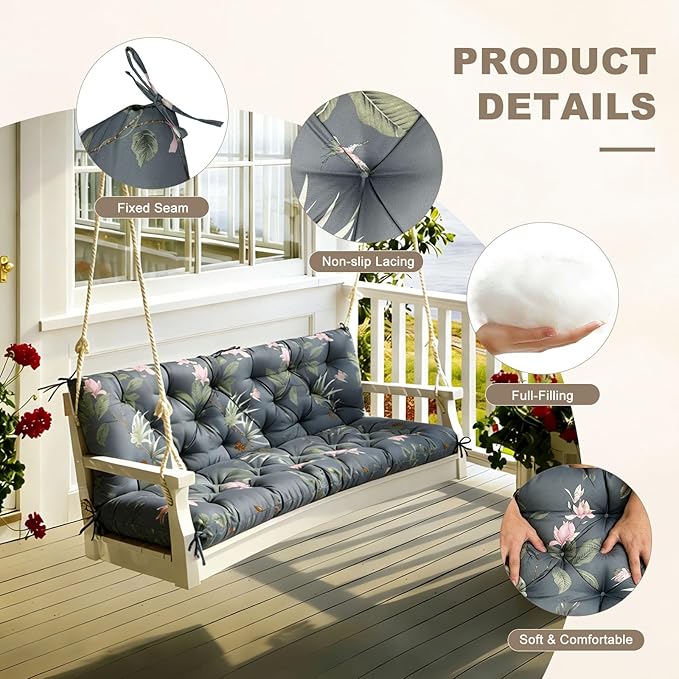 Porch Swing Cushion with Backrest,Waterproof Bench Cushion for Outdoor Furniture,2-3 Seater Replacement Thickened Swing Cushion with Ties,Patio,Outdoor,Backyard and Garden (Tropical Blossom,47x40")