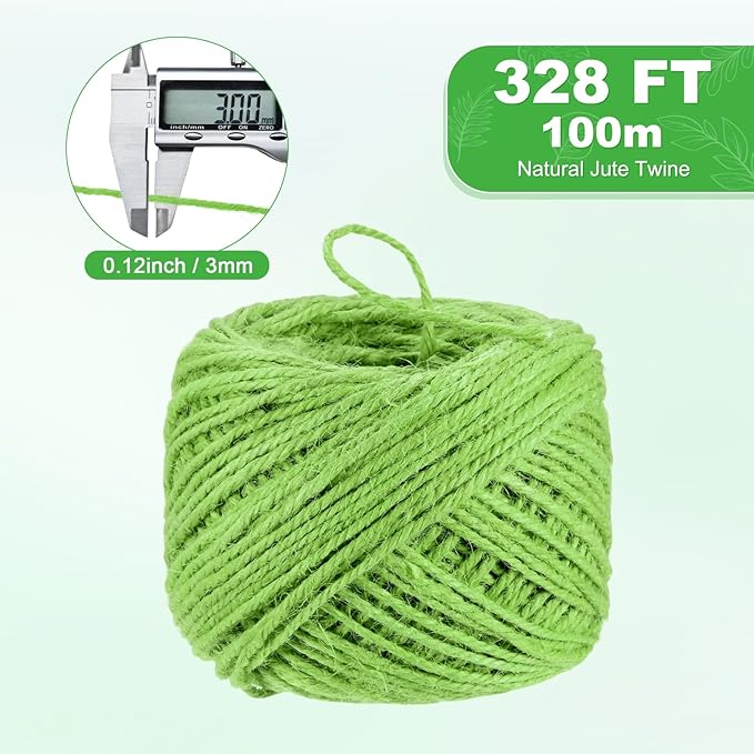 1-Pack Natural Jute Twine String, 3mm x 328ft/100m Long Garden Twine Balls for Crafts/Gift Wrapping/Gardening Plants, Durable Plant Ties Thick Rope [Light Green]