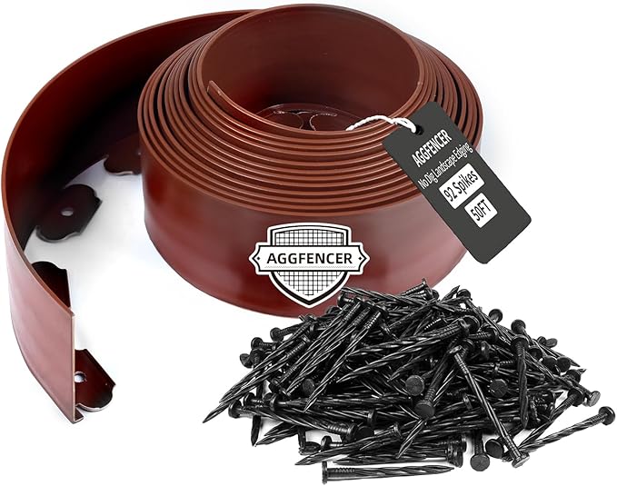 4 in x 50 Ft Garden Landscape Edging, No Dig Garden Edging Border Kit with 92 Pcs Spikes for Flower Bed Lawn Yard Grass Brown