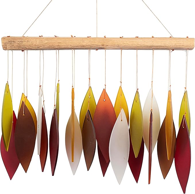 Blue Handworks Fall Leaves Glass & Driftwood Chime, Sandblasted Glass and Found Wood Handcrafted Wind Chime