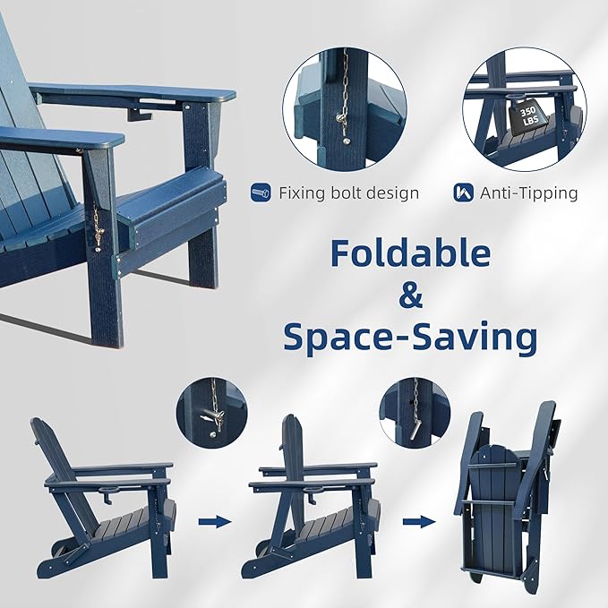 Domi Folding Adirondack Chairs Set of 6, HDPE All-Weather Outdoor Chairs with Cup Holder, Wooden Textured Fire Pit Chairs for Backyard, Patio, Poolside & Deck, Navy Blue