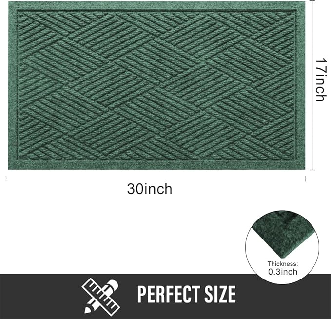 Sturdy Front Door Mat, Absorbent Muddy Dirt Resist Welcome Door Mats Outdoor Indoor, Stain and Fade Resistant, Non-Slip Rubber Backing Low Profile Doormat for Entryway, 30×17, Green