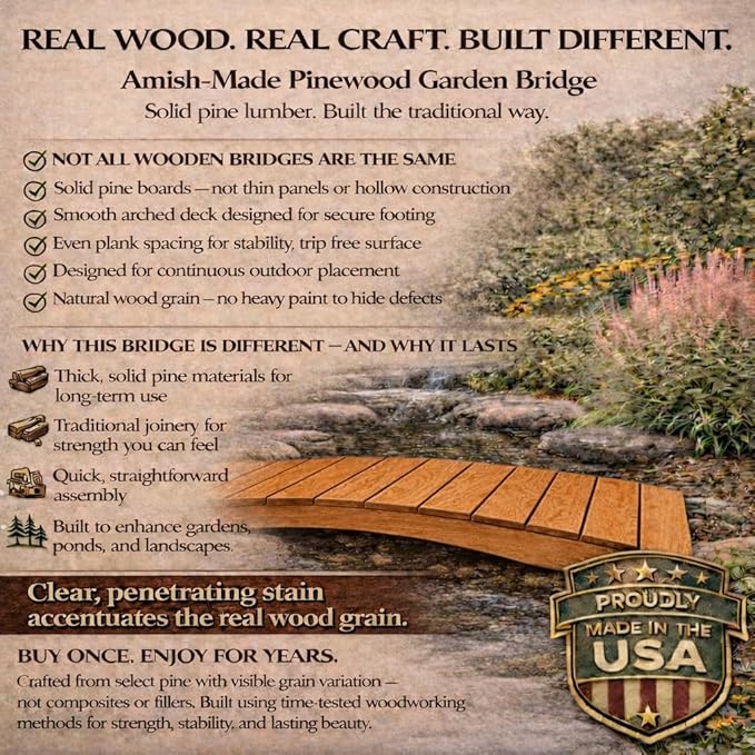 12 FT CEDAR Amish Made Pinewood Heavy Duty Garden Bridge for Walkway, Backyard Pond & Landscaping, Outdoor Wooden Footbridge for Koi Pond, Japanese Style Decorative Bridge, Made in USA
