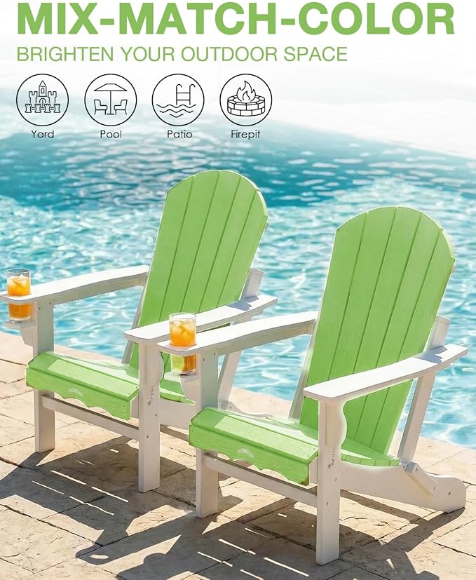 Folding Adirondack Chair –Recyclable HDPE Outdoor Adirondack Patio Chair with Cup Holder, Wood Texture & Umbrella Hole, 25-Year Fade-Free All Weather for Fire Pit, Porch, Poolside, Deck, Lime & White
