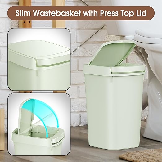 CEROELDA 3 Pack Bathroom Trash Can with Lid, 10L/2.6 Gal Small Garbage Can with Press Top Lid, Slim Plastic Waste Basket for Toilet, Office, Bedroom (Green)