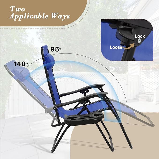 Athena Collection Zero Gravity Chair, Outdoor Lounge Chair with Adjustable Pillow and Cup Holder, Reclining Camping Chair for Outside Beach Lawn Garden Patio Poolside Set of 2 - Blue