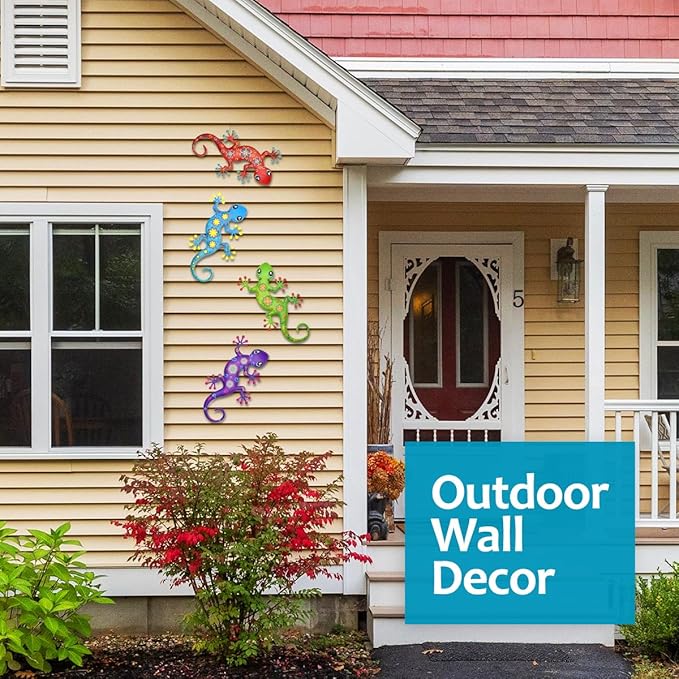 4 Pcs Metal Gecko Outdoor Decorations - Metal Wall Art Hanging Sculpture Decoration for Garden Yard Fence Porch Wall Decor, Gift for Mom Dad Friends