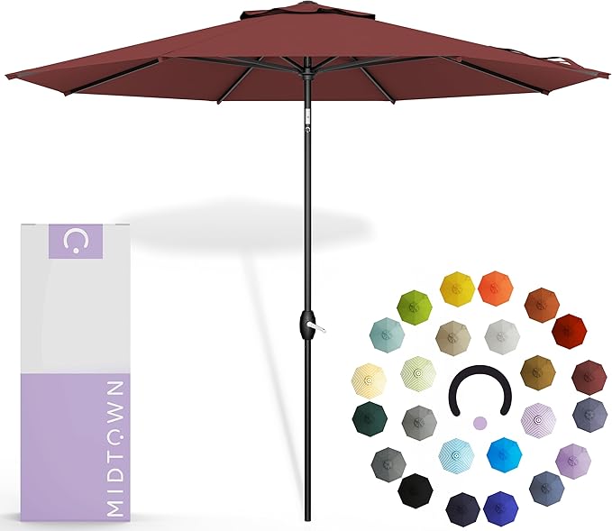 Midtown Umbrellas - 10-Year-No-Fade 10 Ft Patio Umbrella with Terylast Fabric, Auto-Tilt Aluminum Frame and 8 Reinforced Ribs for Deck, Pool, Garden & Beach - Cherry Burgundy Canopy, Black Pole