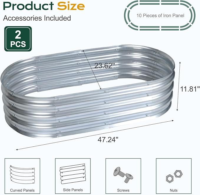 Aoodor 2PCS Galvanized Raised Garden Bed Kit, 4 x 2 x 1 Ft, Oval Planter Boxes for Vegetables, Flowers, and Herbs, Outdoor Use, Silver