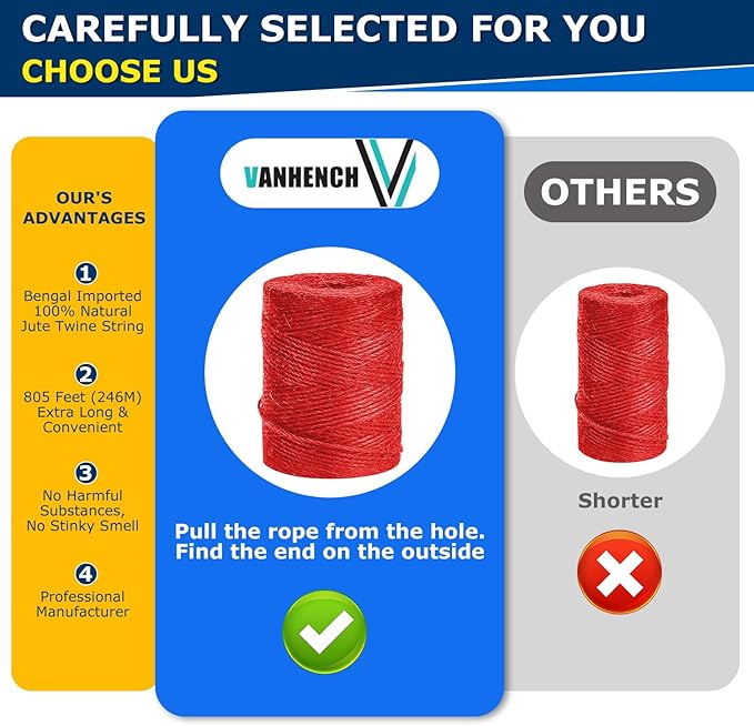 Vanhench 805ft Twine String, Red Colored Natural Jute Twine Cord Thin Rope, Arts & Crafts Gift Wrapping, Wrapping, Wedding Décor, Art Decoration Packing Material, Christmas Wrapping