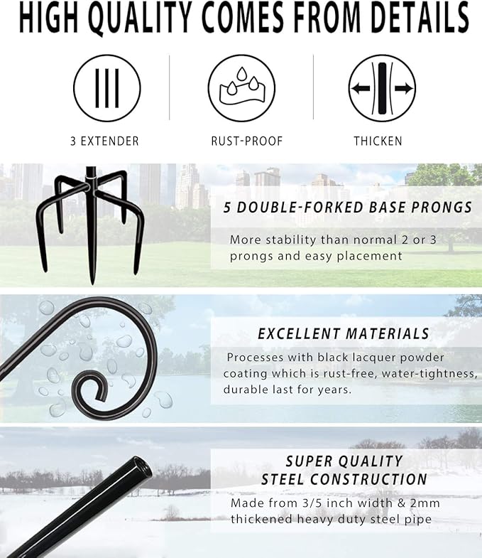 Outdoor Shepherd Hooks 60 inch Tall for Bird Feeder (2 Packs), Adjustable Metal Garden Poles for Hanging Plants Solar Light Lantern, Bright Black