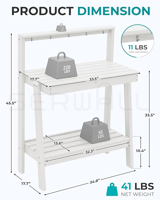 SERWALL Potting Bench Outdoor with Storage Set of 2, 3-Tier HDPE Gardening Table with Angled Legs & Tool Hooks, All-Weather Heavy Duty Potting Table for Patio, Backyard, Garden, White