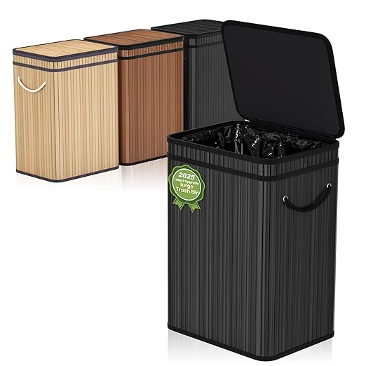 80 Liter/21 Gallon Large Trash Can with Lid, Garbage Bin Wastebasket Made of Bamboo, Outdoor Garbage Can/Waste Bin for Home, Office, Bathroom, Kitchen 24" HX15.8 WX11.8 D (Advanced Black)