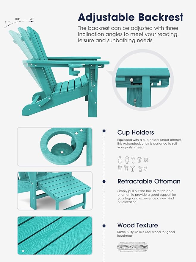 KINGYES Folding Adjustable Adirondack Chair with Retractable Ottoman Set of 6, HDPE All Weather Chair with Cup Holder - Recliner Adirondack Chair, Aruba